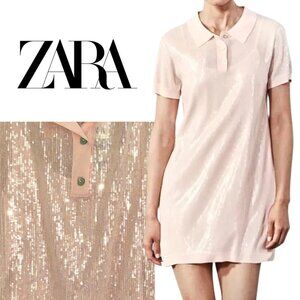 NWT, Zara, Sequin Knit Short Sleeve Mini Polo Collar Dress in Light, Pale Pink